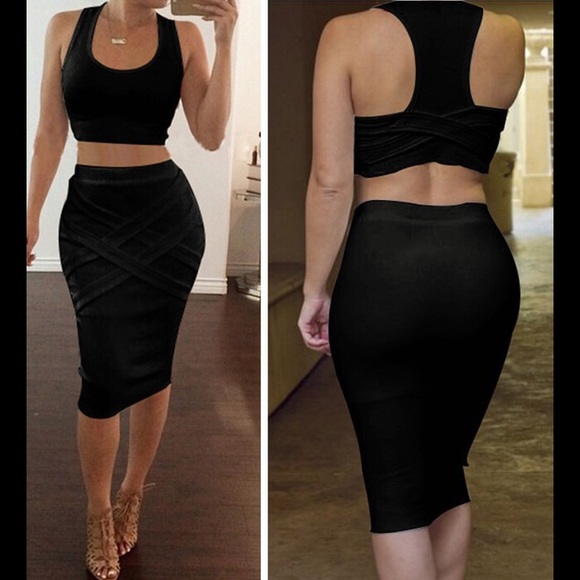 Dresses & Skirts - Black Cotton Two Piece Sexy Dress