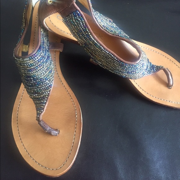 Multicolored bead/leather sandals