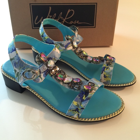 Jeweled Sandals Aqua T-Strap Sz 8
