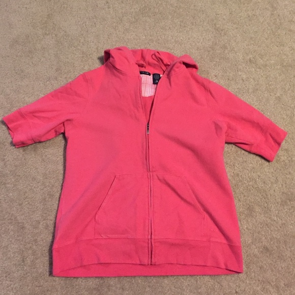 Izod short sleeve hooded sweatshirt.