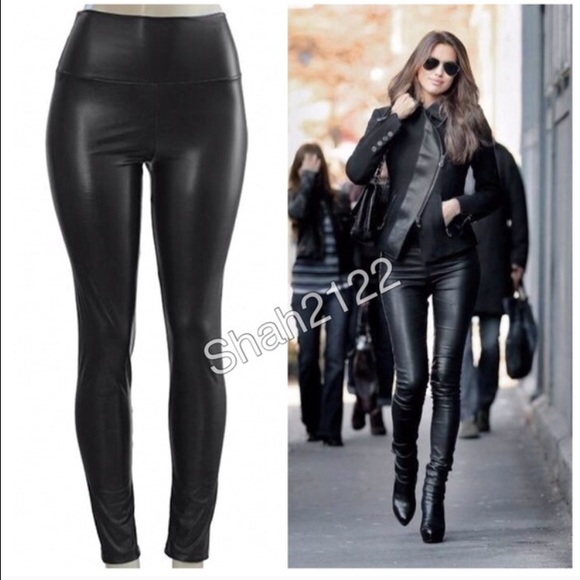 Black Faux Leather Leggings High Waisted LINED - Picture 2 of 4