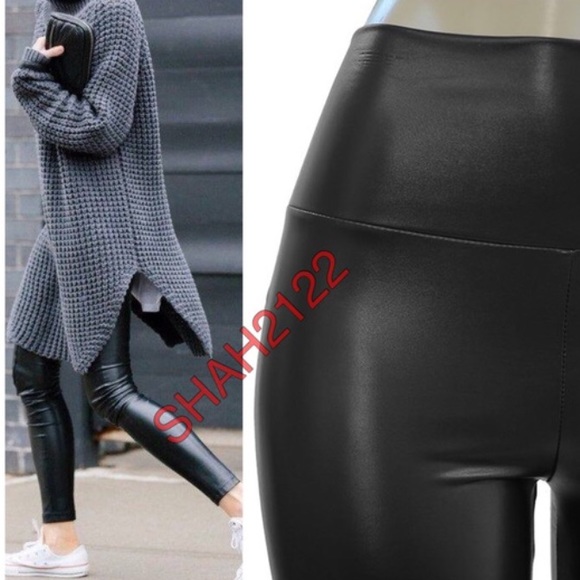 Black Faux Leather Leggings High Waisted LINED - Picture 3 of 4