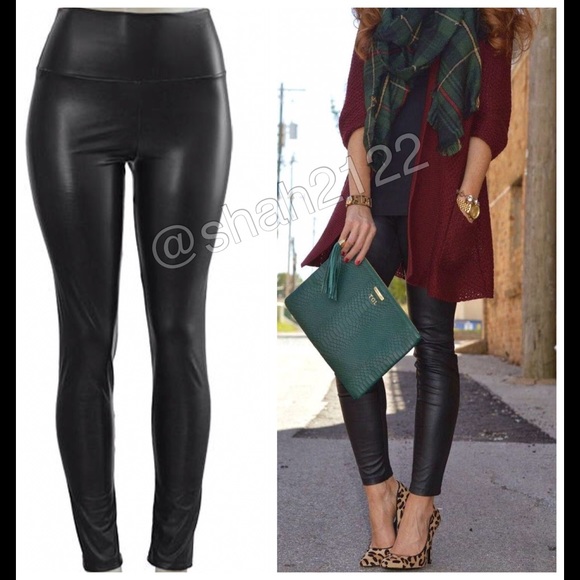 High waisted Vegan Leather Leggings Tummy Control - Picture 2 of 5