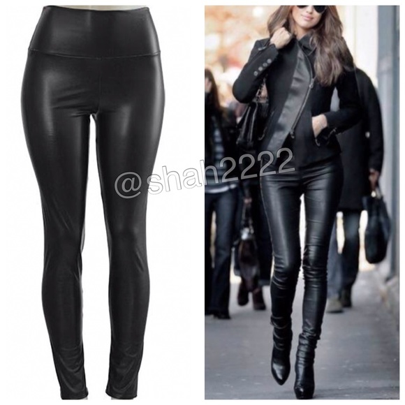 High waisted Vegan Leather Leggings Tummy Control - Picture 3 of 5