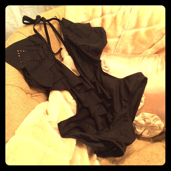 V-neck Flouncing Embellished BLACK Monokini