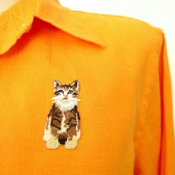 *Meow 90s Bright Goldenrod CAT Kitten Linen Shirt - Picture 2 of 2