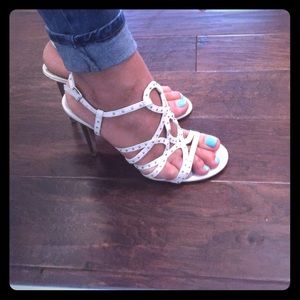 Via Spiga white strapped heels w/silver studs