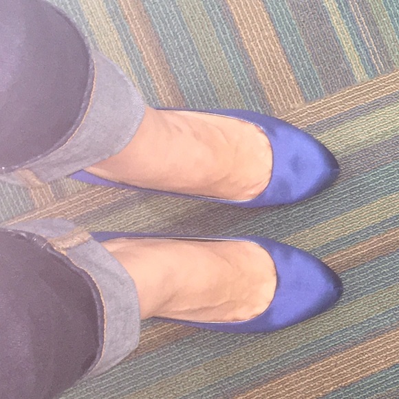 Blue satin pumps by Marble Ink. Brand new.