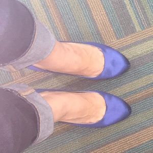 Blue satin pumps by Marble Ink. Brand new.