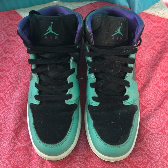 Teal, purple & black high top Air Jordan's