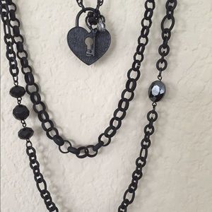 3 In 1 long matt Black heart and key Necklace