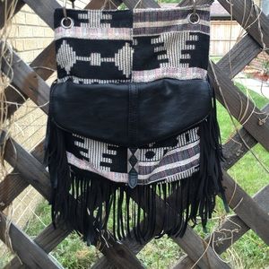 Tribal print, black fringe bag