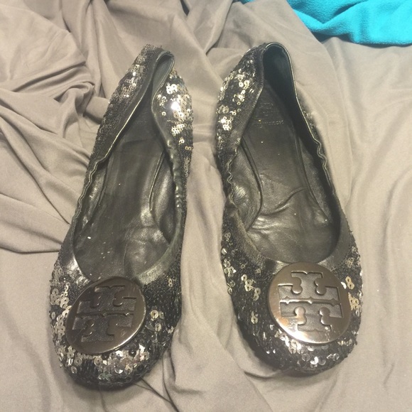Tory Burch Black/Silver Sequin Reva ballet flats.