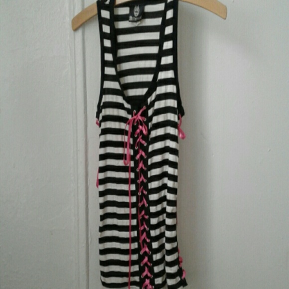 Black and white striped tank top with pink ribbons