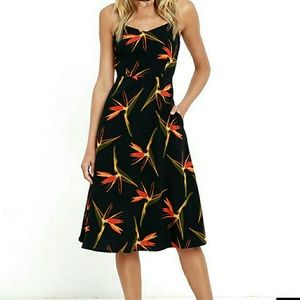 JOA x Lulus Black Miranda Floral Print Midi Dress