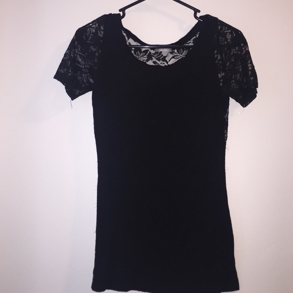 Black T with see-through black lace flowers