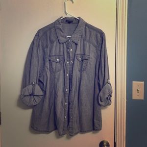 3X rolled sleeve button up gray denim shirt