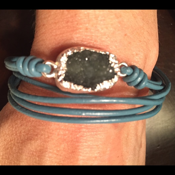 Wide Cuff Stacking Bracelet Turquoise European Leather  Turquoise leather bracelet with quartz stone
