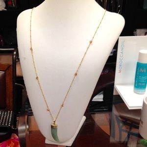 Extra Long beaded gold chain jade tooth necklace