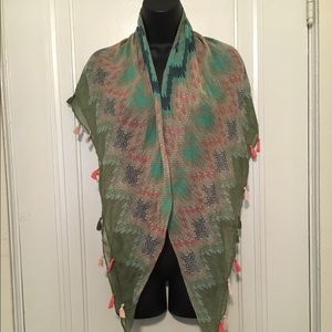 Olive green scarf with coral, pink & olive tassels
