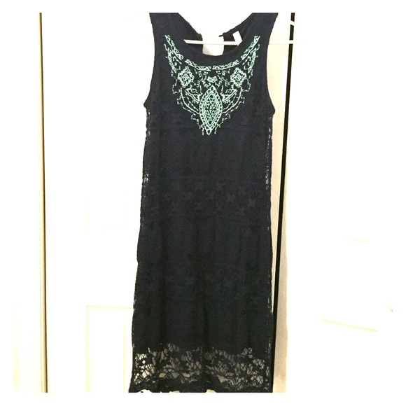 Navy lace layered dress with teal trim
