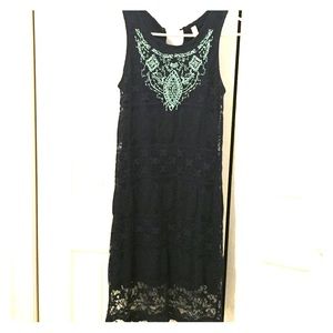 Navy lace layered dress with teal trim