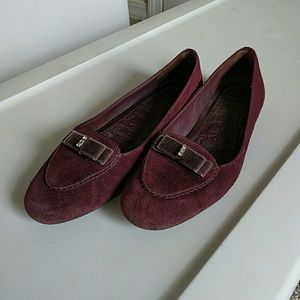 Classic plum Coach loafers with rhinestone bow