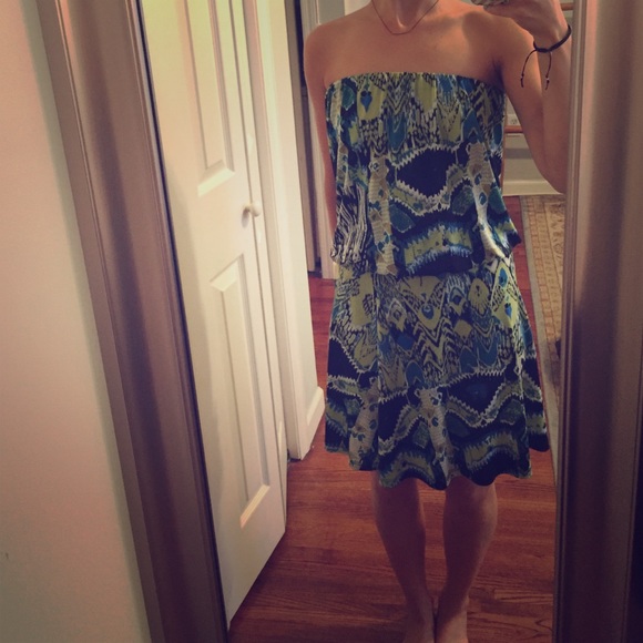 Navy, green and blue strapless flow-y boho dress