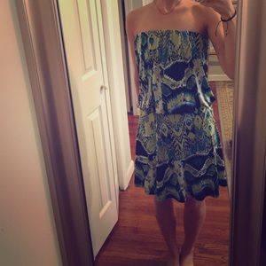 Navy, green and blue strapless flow-y boho dress