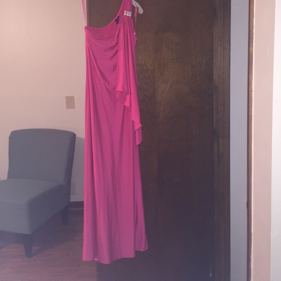 Floor length dress, one shoulder, hot pink