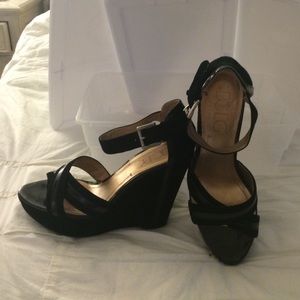 Suede and patent wedges