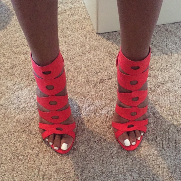 Red, suede cages heels