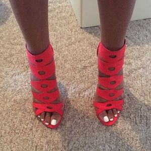 Red, suede cages heels
