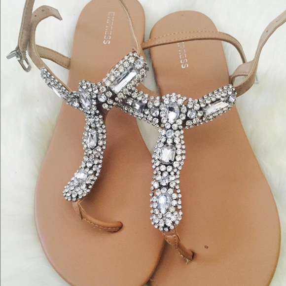 Express Tan Sandals Flip Flops Bling Sparkles