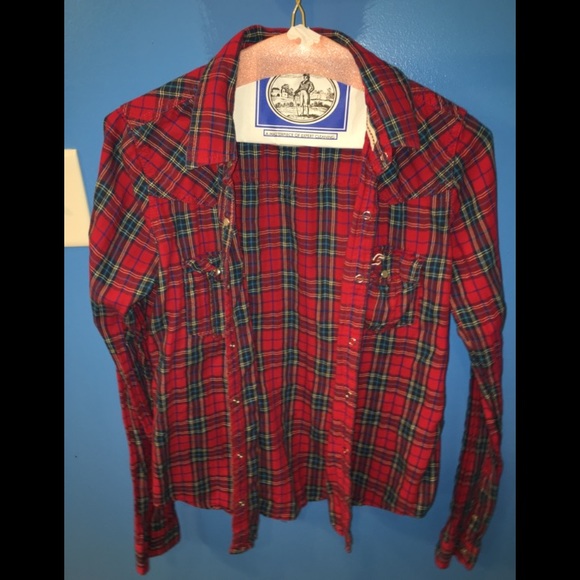 Red green and blue plaid button down - Picture 1 of 2