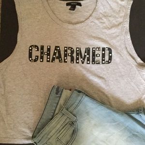 Forever 21 Beaded Cropped Graphic Tank