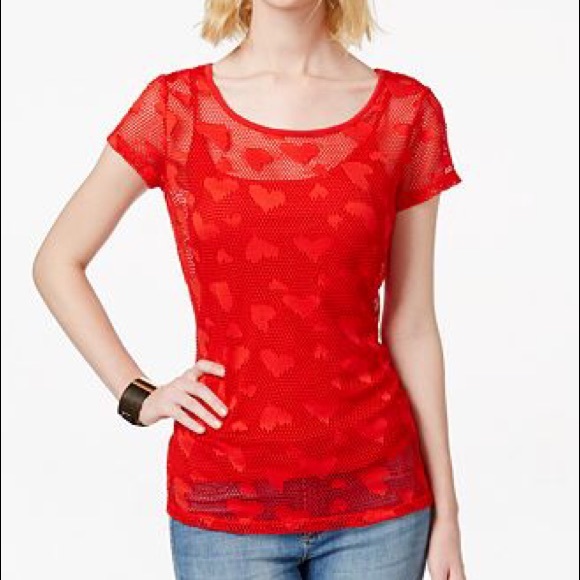 INC Heart-Pattern Mesh Top