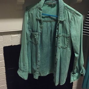 turquoise faux denim button up.