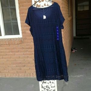 Knee length navy blue dress, lace overlay