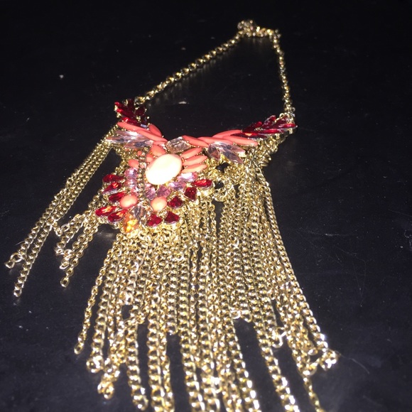 Fringe hot pink, cream, silver and pink necklace.