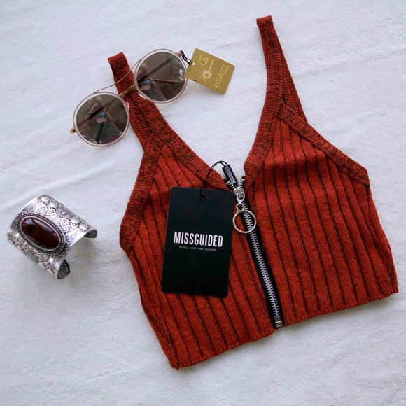 Missguided Tops - Rust Zip Ribbed Knit Bralette