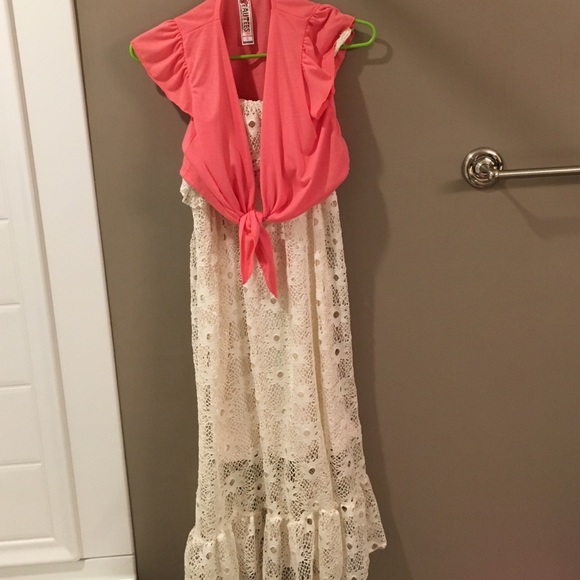 Cream crochet dress with a peach cardigan!