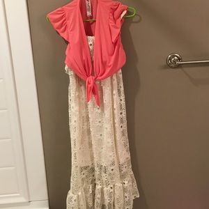 Cream crochet dress with a peach cardigan!