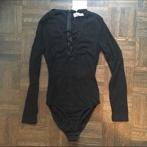 LF Black Sweater Bodysuit with Lace-up