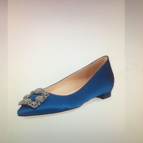 SOLD - Manolo Blahnik Hangisi Blue Satin Flats