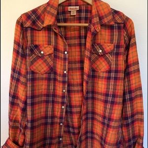 Red Orange Button Up Plaid Flannel Shirt