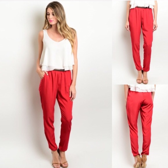 Red Satin Loose Skinny Pants