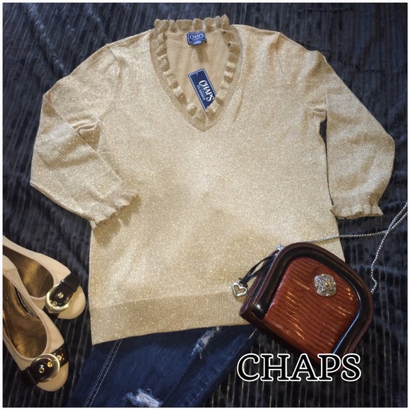 Chaps Sweaters - CHAPS Gold Metallic Ruffled V-Neck Sweater -  NWT