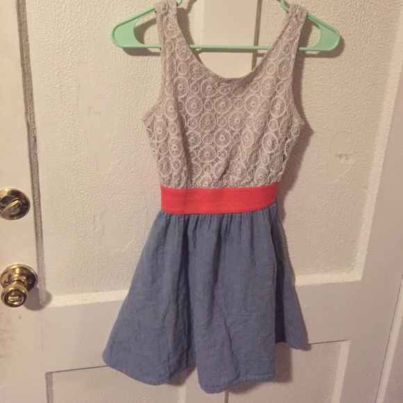 SOLD- Lace and Denim Look Sleeveless Dress - Picture 1 of 4