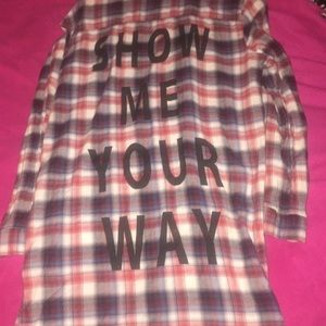 long red blue and white flannel with quote on back